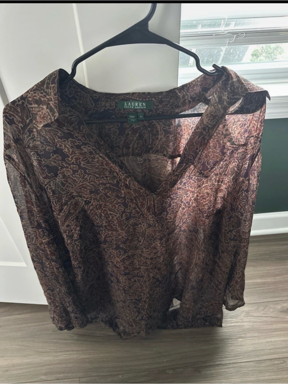 Lauren Ralph Lauren Brown Paisley Sheer V-Neck Blouse